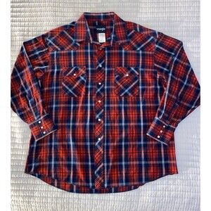Wrangler Pearl Snap Red/Navy Blue Plaid Long Sleeve Western Shirt XL